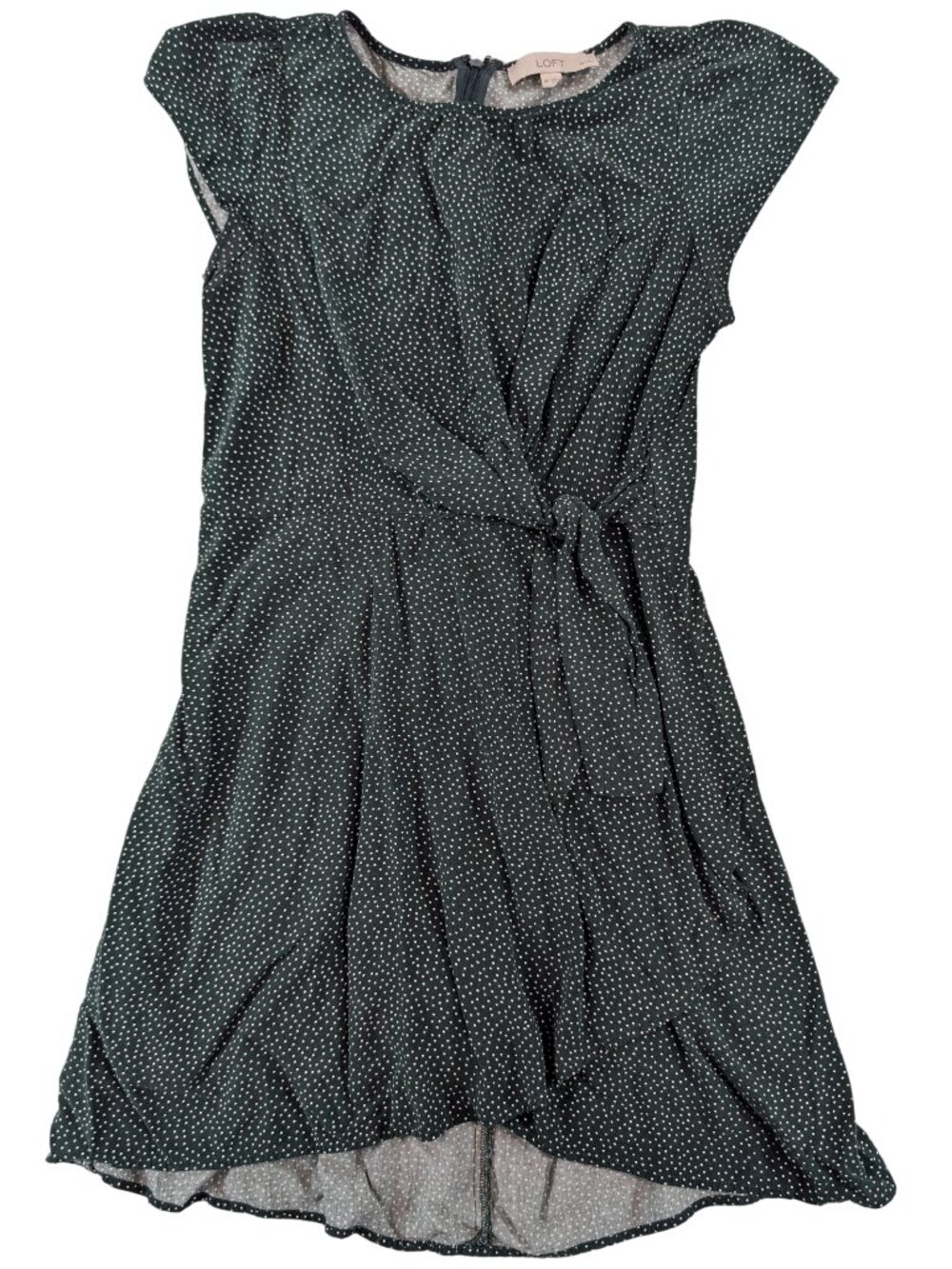 LOFT Dark Green Polka Dot Faux Wrap Mini Dress Side Knot Size 6P Petit